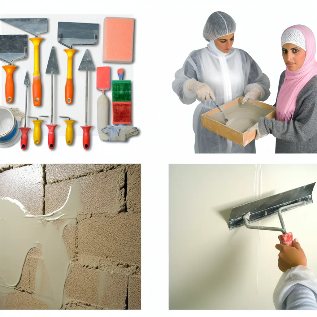 Unelte și materiale esențiale pentru aplicarea gletului peste tencuială: gletiere, șpacluri, mixer, amorsă și saci de glet.