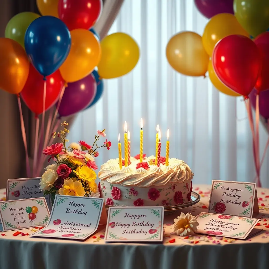 Urări de la mulți ani - masă festivă cu tort, baloane și felicitări