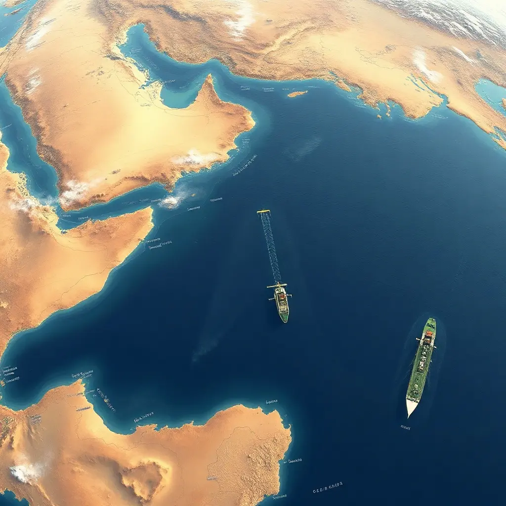 Vedere aeriană a Strâmtorii Ormuz cu nave petroliere navigând între Iran și Oman