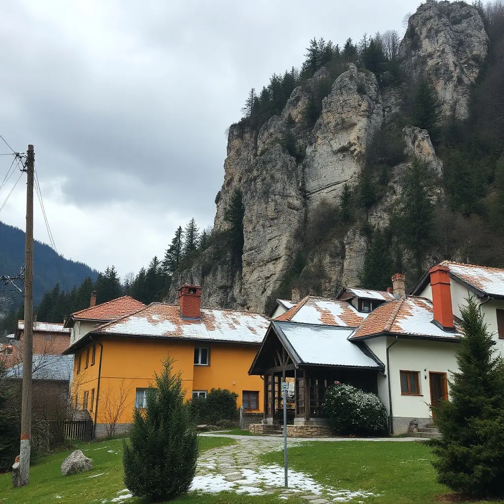 Vedere panoramică a orașului Turda iarna cu acoperișuri acoperite de zăpadă