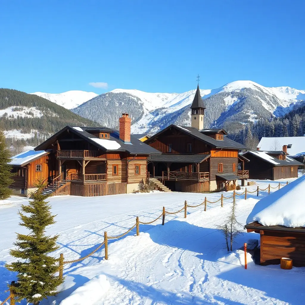 Vedere panoramică a stațiunii Rânca iarna cu pârtii de schi și cabane montane