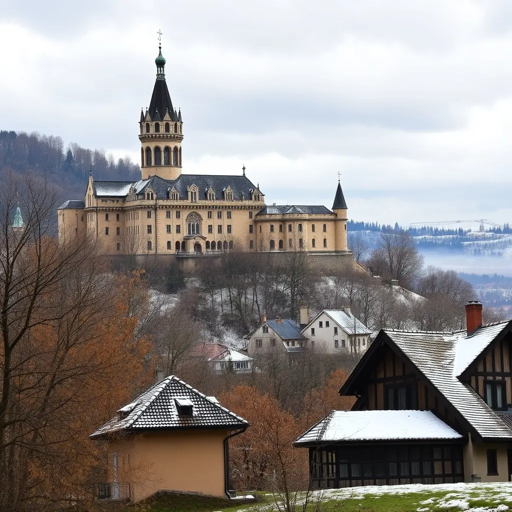 Vedere panoramică asupra orașului Hunedoara cu Castelul Corvinilor în ceață de toamnă - vremea Hunedoara