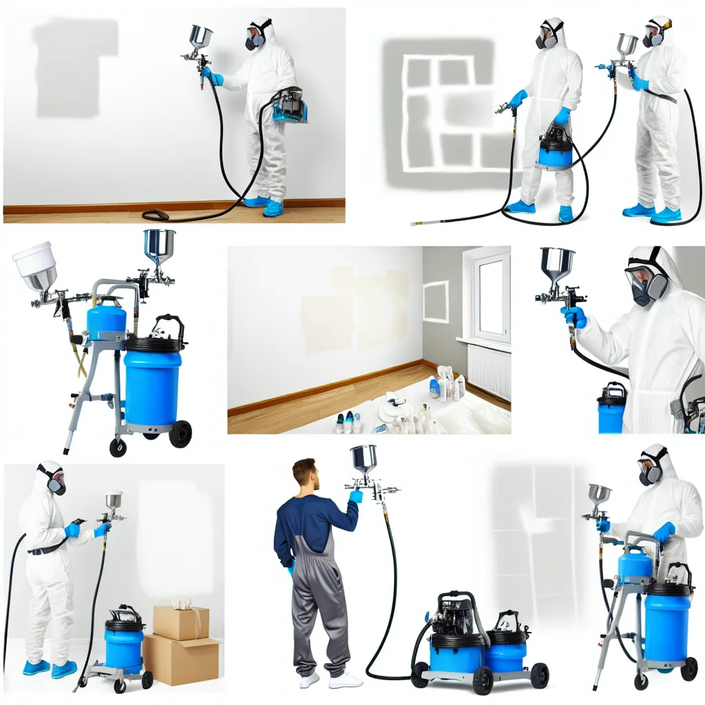 Zugrav profesionist folosind un pistol de vopsit lavabila airless într-o cameră complet mascată